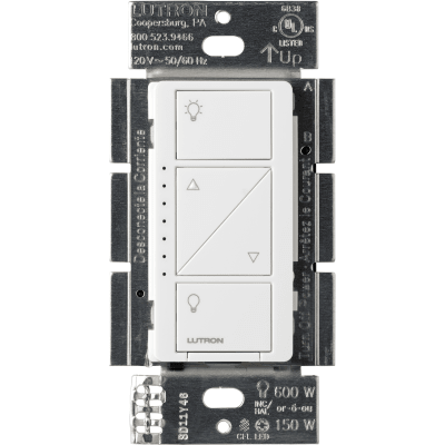 (Caseta Wireless) Atenuador de pared. Aumenta/Disminuye Intensidad de Iluminación.  No requiere cable neutro. 150W LED / 600W INC/HAL | PD6WCLWH