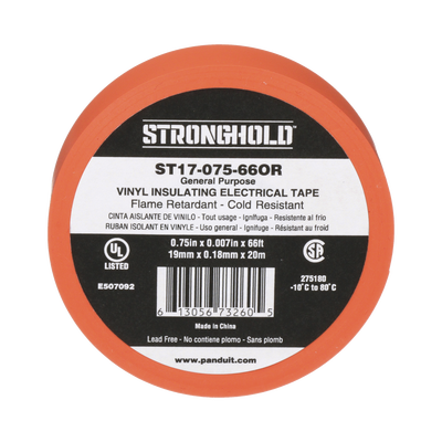 Cinta Eléctrica STRONGHOLD para Aislar, de PVC, Uso General Reparación y Mantenimiento, Grosor de 0.18mm (7 mil), Ancho de 19mm, y 20.12m de Largo, Color Naranja | ST17-075-66OR