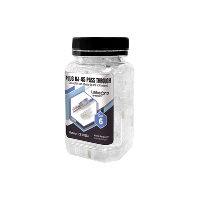 Bote con 50 Plugs Pass Through RJ45 Cat6 sin Blindaje, con Alivio de Tensión Incluido, Chapado de Oro a 30 Micras para Durabilidad Extrema | TC6-PASSR