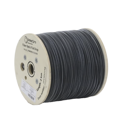 Carrete de 2 Kilómetros de Fibra Óptica Drop Plana, Interior/Exterior G.657A2 Monomodo de 1 Hilo (Unifibra), Dieléctrica, Forro Negro, Compatible con Conectores FASC, FASCUP, FASCLC | LPDROPA21C/2KM