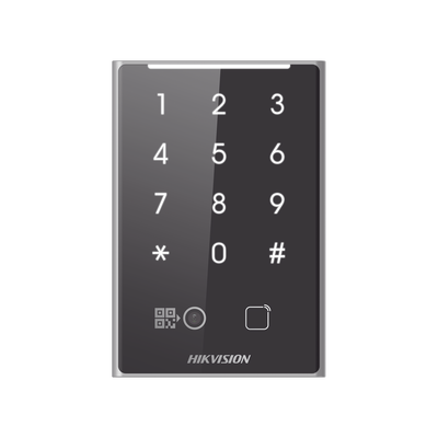 Lector de Tarjetas PROX EM y de Códigos QR / Teclado para Contraseña / Compatible con Controladores DSK2600 Series Hikvision / Comunicación RS485 y WIEGAND / IP65 | DS-K1109EKB-QR