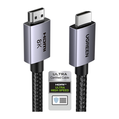 Cable HDMI 2.1 de 8K@60Hz | 2 Metros (6.56 Pies) | 48Gbps | HDR10+ | 3D Inversivo | eARC | Dolby ATMOS | VVR | QMS | QFT | ALLM | 3 Modos de Visualización | Certificado HDMI 8K | Niquelado | Nylon Trenzado | Carcasa de Aluminio | 25910