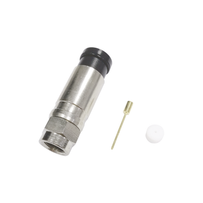 Conector F Macho de Compresión Axial con Borne Negro para instalar en Cable Coaxial RG-11, 75 Ohm, Bronce-Niquelado. | TT11-F02
