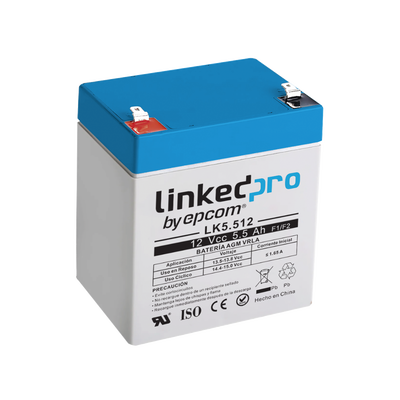 Batería 12 V / 5.5 Ah / UL / Vida útil promedio 5 años / Tecnología AGM / Para uso en equipo electrónico, Alarmas de Intrusión / Incendio/ Control de acceso / Video Vigilancia / Terminales F1 ( Incluye adaptador F | LK5.512