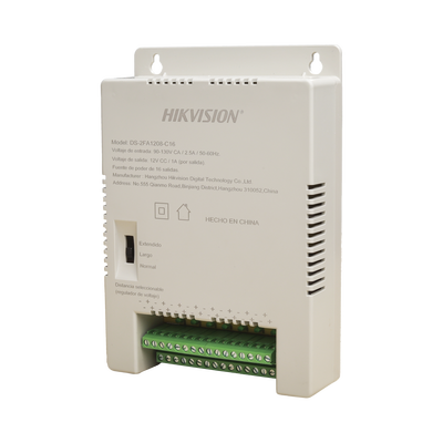 Fuente de Poder Regulada 12 Vcc / 13.5 Vcc / 15 Vcc para 16 Cámaras / 16 Amp (1 Amp por Salida) / Voltaje de Entrada 90 - 130 VCA / Soporta 4K / Modo para Largas Distancias | DS-2FA1208-C16/K