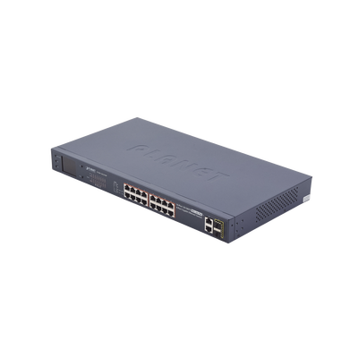 Switch No Administrable PoE+ Extender, Aislamiento VLAN de 16 Puertos +, 2 Combo TP/SFP Gigabit y Pantalla | FGSW-1822VHP