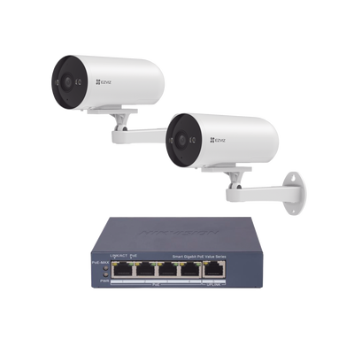 Kit de cámaras PoE Para Uso en Exterior / PoE Estandar Af / 2 piezas CS-H5/3MP/ 1 Pieza de Switch DS-3E1505P-EI/M / Vision Nocturna a Color / IP67 / Audio Bidireccional / Luz y Sirena / 4 Puertos 1000 Mbps PoE+ / 1 Puerto 1000 Mbps Uplink | CS-H5/3MP/POE/KS2