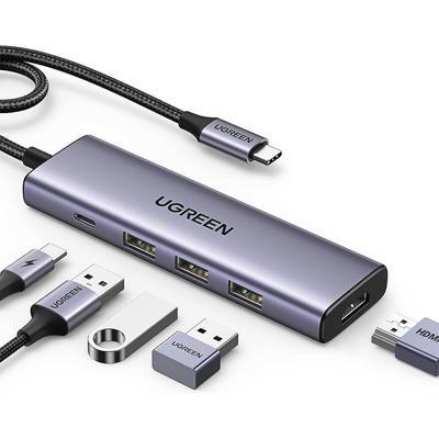 HUB USB-C (Docking Station) 5 en 1 | HDMI 2.0 4K@30Hz | 3 USB-A 3.0 (5Gbps) | USB-C PD Carga 100W | Potente Disipación de Calor | Chip de Ultima Generación | Cable de Nylon Trenzado de 25 cm | Carcasa de Aluminio. | 15596