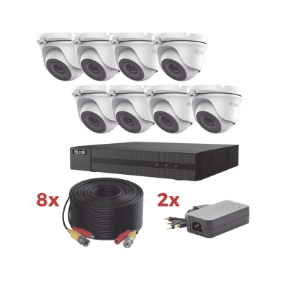 Kit TurboHD / DVR 8 Canales 1080p Lite / 8 Cámaras turret 1080p metalicas / 8 cables de 20 metros / 2 fuentes de 4 canales | HL1080P8E