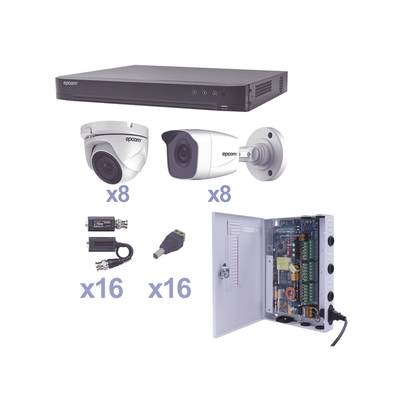 KIT TurboHD 1080p / DVR 16 Canales / 8 Cámaras Bala (exterior 2.8 mm) / 8 Cámaras Eyeball (exterior 2.8 mm) / Transceptores / Conectores / Fuente de Poder Profesional | KEVTX8T8B/8EW