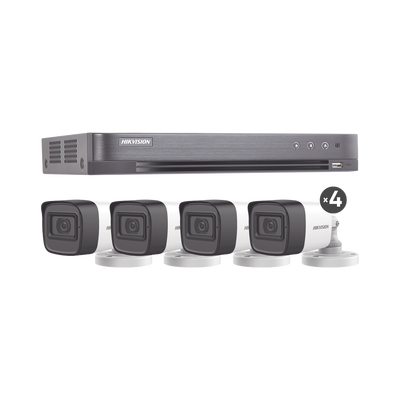 (MICRÓFONO INTEGRADO) KIT TURBOHD 5 Megapixel / DVR 4 Canales / 4 Cámaras Bala con Micrófono Integrado (exterior 2.8 mm) / Fuente de Poder / Accesorios de Instalación | HIK5MPSLQ-KIT(B)