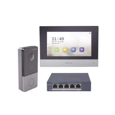 Kit de Videoportero IP + Switch Poe Poe Estandar con llamada a App de Smartphone (HikConnect) / Apertura con tarjeta MIFARE / Frente de calle IP65 / Soporta 1 Departamento | DS-KIS603-P/S