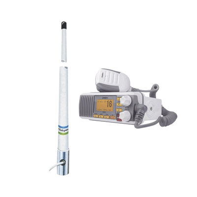 Kit de radio móvil VHF marino modelo UM-385 color blanco y antena marina Shakespeare de fibra de vidrio 5101 | UM385/5101