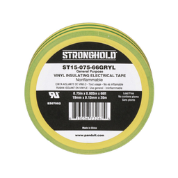 [ST15-075-66-GRYL] Cinta Eléctrica STRONGHOLD para Aislar, de PVC, Uso Construcción General en Tierras Físicas, Grosor de 0.13 mm (5 mil), Ancho de 19.05 mm, y 20.12 m de Largo, Color Amarillo/Verde. | ST15-075-66-GRYL